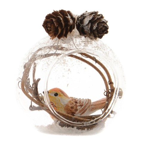 Bauble glass transparent owl inside pinecones