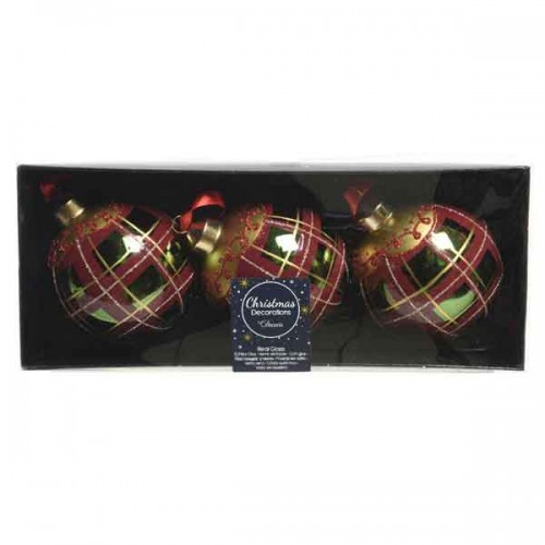 Pack 3 Bauble glass glitter checked