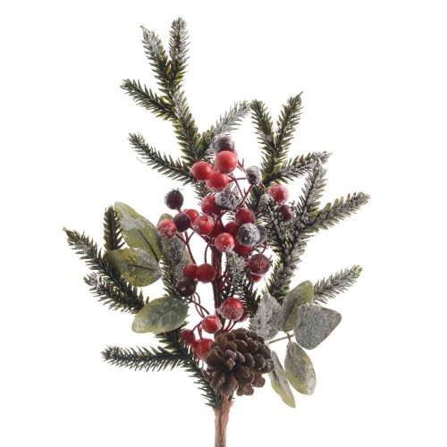 Spray pe frosted pinecones- red berries