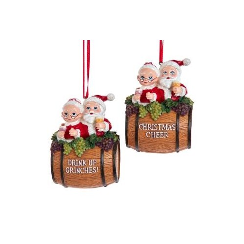 4"resin mr & mrs santa barrel orn w