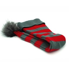 Santa hat - Red/grey striped flat knit fur pompom