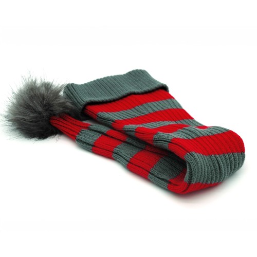 Santa hat - Red/grey striped flat knit fur pompom
