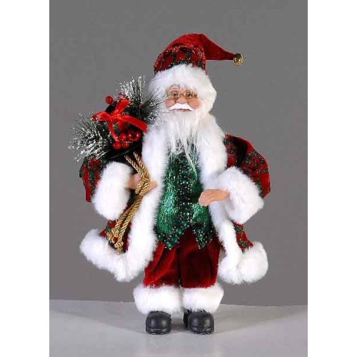 30cm Burgundy & green standing Santa w/gifts & bear