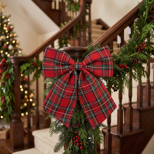 Lazo Decorativo Navideño a cuadros rojo grande
