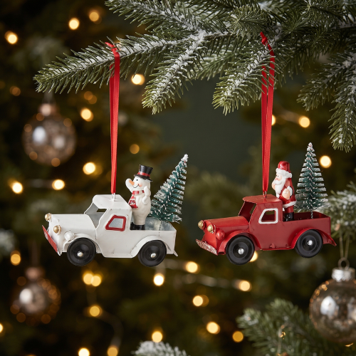 Adornos Navideños de Camión con Papá Noel y Muñeco de Nieve