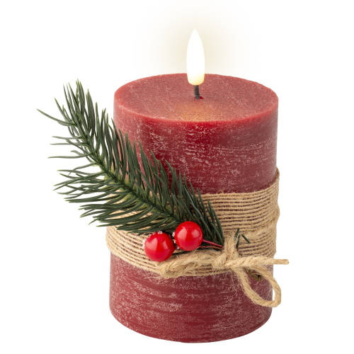 Vela LED Roja de Cera con Relieve Botánico Al. 13 cm
