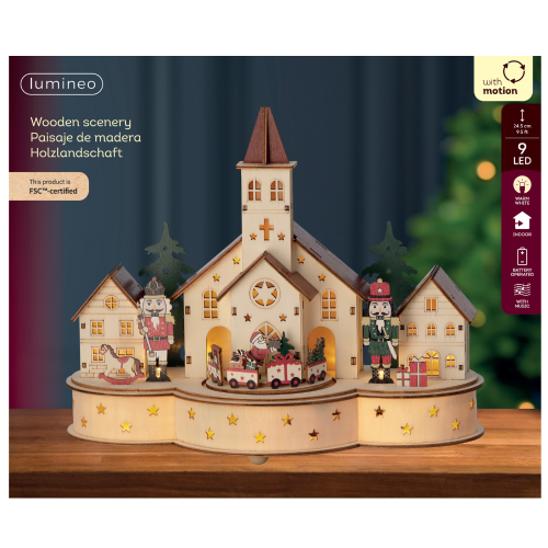 Illuminated Wooden Church Christmas Scene