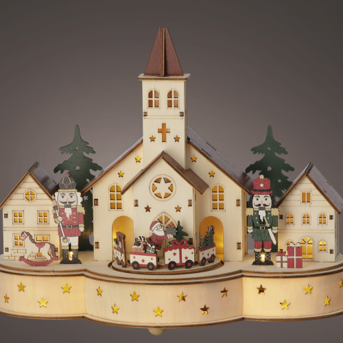 Illuminated Wooden Church Christmas Scene