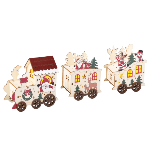 Weihnachtsszene mit einer beleuchteten Holzeisenbahn