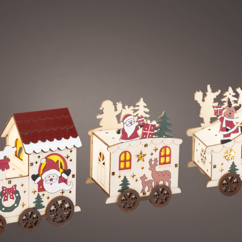 Weihnachtsszene mit einer beleuchteten Holzeisenbahn