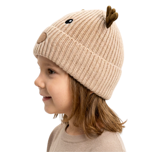 Gorro de Punto Infantil Beige con Reno