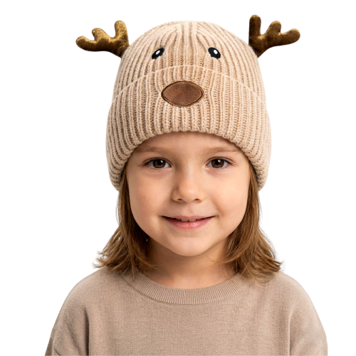 Gorro de Punto Infantil Beige con Reno
