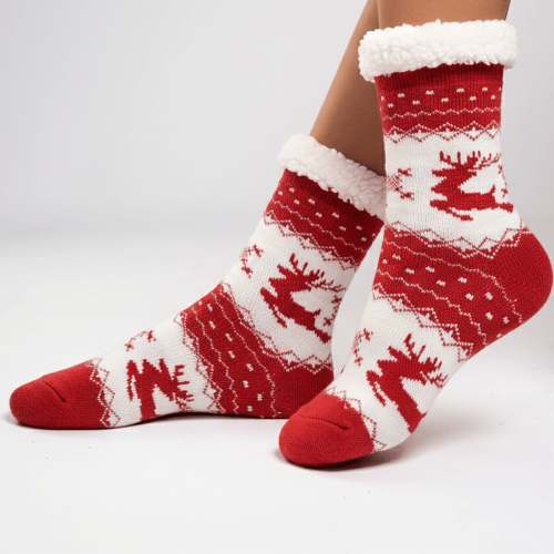 Calcetines Navideños Rojos y Blancos con Reno para Adultos