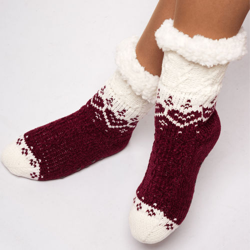 Weihnachtliche Thermosocken in Bordeaux und Weiß für Erwachsene